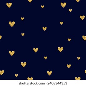 Glitter heart repeat pattern on navy blue background. Great for wallpaper, web background, wrapping paper, fabric, packaging, greeting cards, invitations and more.