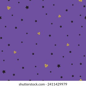 Glitter heart, stars repeat pattern on purple background. Great for wallpaper, web background, wrapping paper, fabric, packaging, greeting cards, invitations and more.