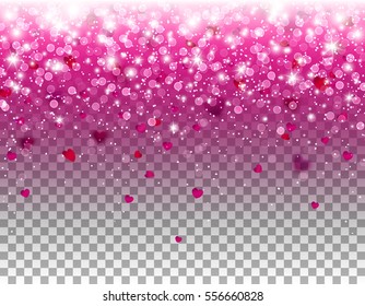 Glitter hearts confetti falling effect. Glowing lights and stars isolated on shimmer transparent background. Vector pink elements for Women Day, Valentine, wedding or greeting card design.