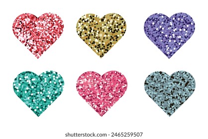 Glitter hearts set. Decorative glitter shiny hearts set isolated on white.  Vector illustration for web, banner, sticker, wedding, Valentines greeting card.