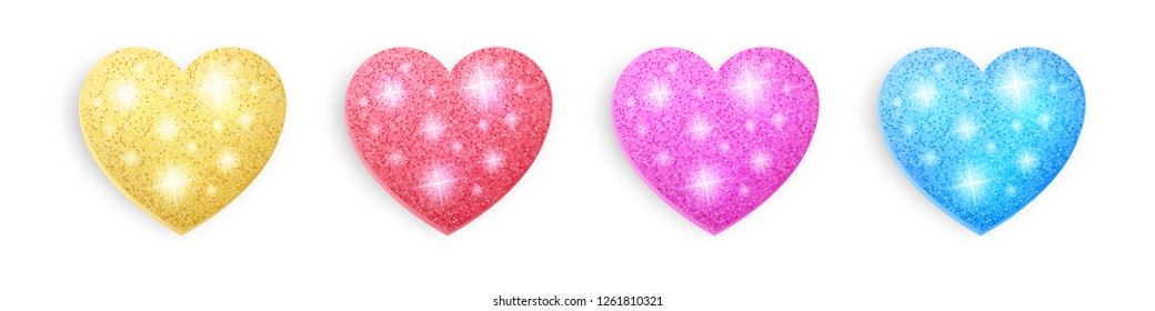Glitter hearts. Set of gold, red, pink and blue shiny glitter hearts. Valentine’s Day hearts decorations