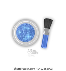 Glitter jar. Realistic object with sparkles, top view. Glitter of blue color with realistic brush for makeup, Vector eps 10 illustration