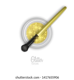 Glitter jar. Realistic object with sparkles, top view. Glitter of yellow color with realistic brush for makeup, Vector eps 10 illustration