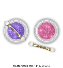 Glitter jar. Realistic object with sparkles, top view. Set of Glitter jars of purple and pink colors with realistic brush for makeup, Vector eps 10 illustration