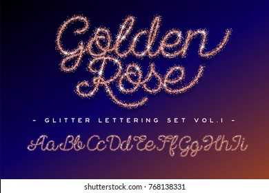 Glitter lettering set Golden Rose. Alphabet vector font. Hand drawn script letters on color background. Stock vector lettering typography