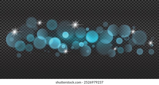 Glitter light effect with blur and bokeh. Abstract background with blue sparkles flares. Overlay effect of magic glow, snow or shine isolated on transparent background, vector effect.