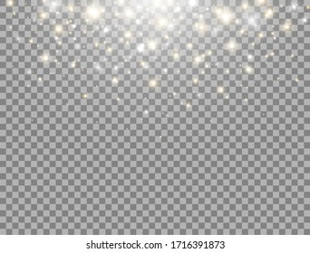 Glitter light. Magic particles. Gold and white glowing lights effect. Star burst with sparkles. Golden star dust. Luxury greeting decoration. Christmas design. Vector illustration.