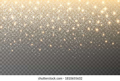 Glitter light on transparent background. Shining particles and stars. Gold waterfall effect with confetti. Christmas banner template with sparks. Vector illustration.