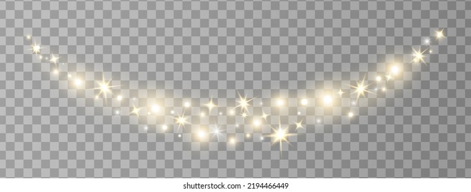 Glitter light and stars wave. Shine luxury background. Sparkle golden bokeh. Christmas Holiday glow particle. White star effect. Festive party design. Twinkle flash. Fairy bulb. Vector illustration.