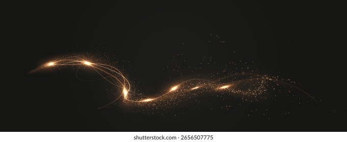 Glitter, light, twirl, wave, magic in a golden glowing swirl. Beam, curve, dynamic, effect, flare form a glowing PNG style. Gold curved light line, rope, tape. Twirl Png
