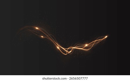 Brillo, luz, giro, onda, magia en un remolino brillante dorado. Haz, curva, dinámica, efecto, destello forman un estilo PNG brillante. Línea de luz curvada dorada, cuerda, cinta. Twirl Png
