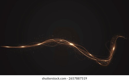 Glitter, light, twirl, wave, magic in a golden glowing swirl. Beam, curve, dynamic, effect, flare form a glowing PNG style. Gold curved light line, rope, tape. Twirl Png