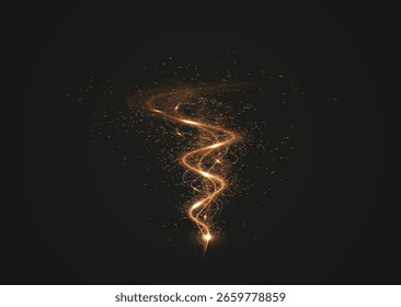 Glitzer, Licht, Wirbel, Welle, Magie in einem golden leuchtenden Wirbel. Strahl, Kurve, Dynamik, Effekt, Fackel bilden einen glühenden Stil. Gold gebogene Lichtlinie, Seil, Band. Wirbel
