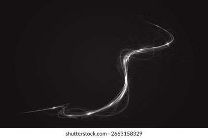 Glitter, light, twirl, wave, magic in a white glowing swirl. Beam, curve, dynamic, effect, flare form a glowing PNG style. White curved light line, rope, tape. Twirl Png