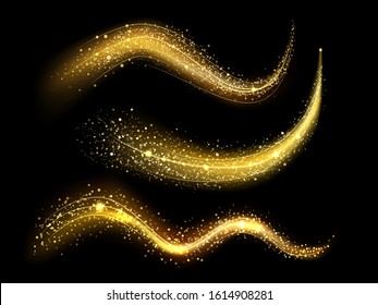 Glitter Lighting Path. Glowing Light Sparkles With Golden Glitter, Magic Stardust Wave And Beautiful Sparkle Light Blur Trail. Gold Dust Motion, Shimmer Or Comet Tail. Isolated Vector Illustration Set