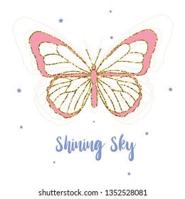 glitter line butterfly star text girl tee illustration art vector 