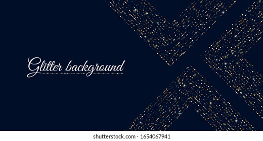Glitter lines on dark backgrounds. Shining light effects. Luxury golden sparkling glitter art deco style. Abstract creative vector illustration for banner, cover, template, poster, layot, flyer.