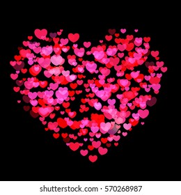 Glitter Lots of small Red Hearts composed in one heart shape, decoration for greeting cards about love. Happy Valentine day greeting card isolated on white background. Woman day vector illustration.
