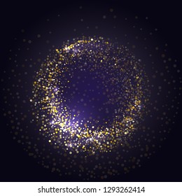 Glitter magic round with confetti on dark background. Vector illustration