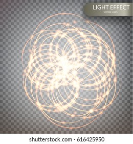 Glitter magic sparkle swirl trail effect on transparent background.Glowing abstract lines isolated on a plaid background. Bokeh glitter round wave line with flying sparkling flash lights