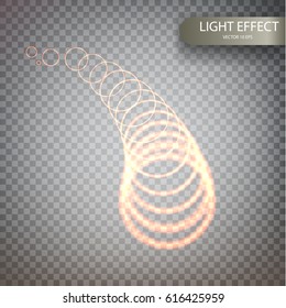 Glitter magic sparkle swirl trail effect on transparent background. Bokeh glitter round wave line with flying sparkling flash lights. Spiral luminous backgrounds. Vector 10 EPS. 