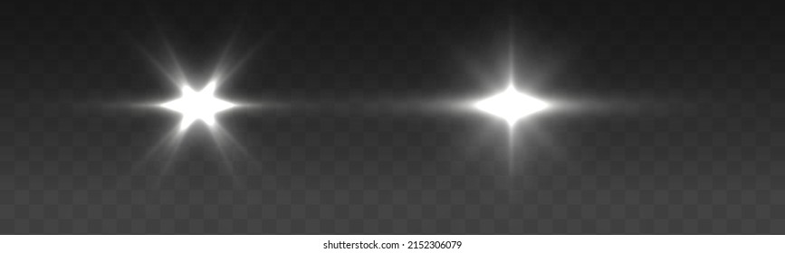 Una estrella blanca mágica brillante se enciende sobre un fondo transparente. Un conjunto de estrellas de efecto luminoso resplandece con destellos. Sol brillante transparente, brillante. Imagen abstracta del alumbrado. Vector.