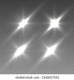 Una estrella blanca mágica brillante se enciende sobre un fondo transparente. Un conjunto de estrellas de efecto luminoso resplandece con destellos. Sol brillante transparente, brillante. Imagen abstracta del alumbrado. Vector.