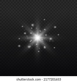 Glitter magic white star sparks on transparent background. Set of glowing light effect stars bursts with sparkles. Transparent shining sun, bright flash. Abstract image of lighting flare. Vector.