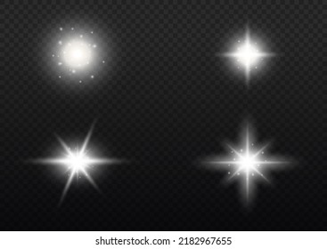 Glitter magic white star sparks on transparent background. Set of glowing light effect stars bursts with sparkles. Transparent shining sun, bright flash. Abstract image of lighting flare. Vector.