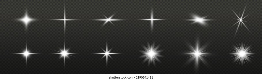 Glitter magic white star sparks on transparent background. Set of glowing light effect stars bursts with sparkles. Transparent shining sun, bright flash. Abstract image of lighting flare. Vector.