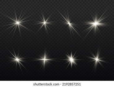 Glitter magic white star sparks on transparent background. Set of glowing light effect stars bursts with sparkles. Transparent shining sun, bright flash. Abstract image of lighting flare. Vector.