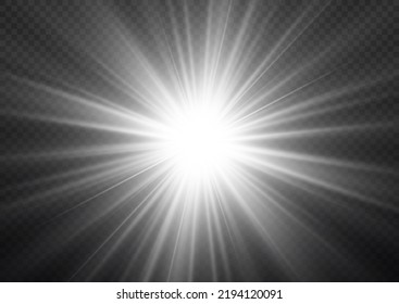 Una estrella blanca mágica brillante se enciende sobre un fondo transparente. Un conjunto de estrellas de efecto luminoso resplandece con destellos. Sol brillante transparente, brillante. Imagen abstracta del alumbrado. Vector.