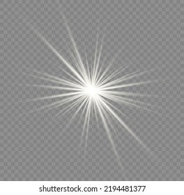 Glitter magic white star sparks on transparent background. Set of glowing light effect stars bursts with sparkles. Transparent shining sun, bright flash. Abstract image of lighting flare. Vector.