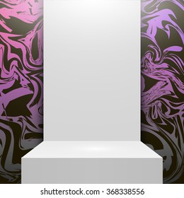 Glitter marbled glitter texture. Pink background. Glitter background. Stage podium. Empty white podium Isolated. Glitter marble background. Vector pink glitter background. Design studio. Interior.
