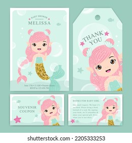 Glitter mermaid baby shower invitation set