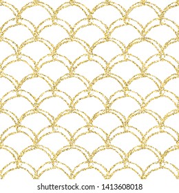 Glitter mermaid tail seamless pattern. Fish scale texture. Tillable background for girl fabric, textile design, wrapping paper, swimwear or wallpaper. White glitter mermaid background with fish skin.