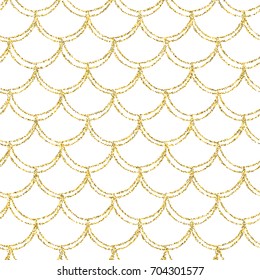 Glitter mermaid tail seamless pattern. Fish scale texture. Tillable background for girl fabric, textile design, wrapping paper, swimwear or wallpaper. White glitter mermaid background with fish skin.