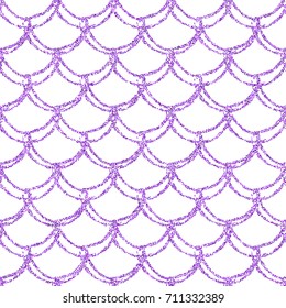 Glitter mermaid tail seamless pattern. Fish scale texture. Tillable background for girl fabric, textile design, wrapping paper, swimwear or wallpaper. Purple glitter mermaid background with fish skin.