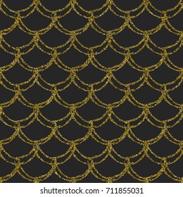 Glitter mermaid tail seamless pattern. Fish scale texture. Tillable background for girl fabric, textile design, wrapping paper, swimwear or wallpaper. Black glitter mermaid background with fish skin.