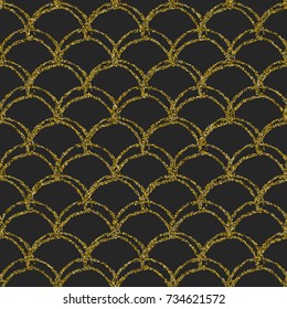 Glitter mermaid tail seamless pattern. Fish scale texture. Tillable background for girl fabric, textile design, wrapping paper, swimwear or wallpaper. Black glitter mermaid background with fish skin.
