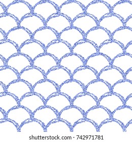 Glitter mermaid tail seamless pattern. Fish scale texture. Tillable background for girl fabric, textile design, wrapping paper, swimwear or wallpaper. Blue glitter mermaid background with fish skin.
