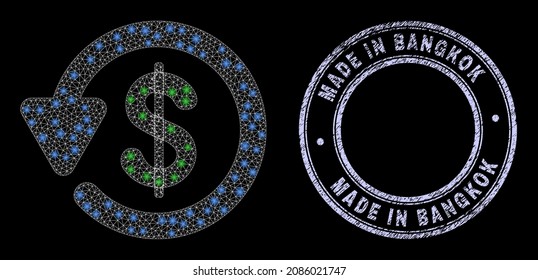 Glitter Mesh net Dollar Rückerstattung Symbol mit glänzendem Effekt auf schwarzem Hintergrund mit rund Made in Bangkok unlean Robbendruck. Vektorgitter basierend auf dem Dollar-Rückerstattungssymbol, weißes gefärbtes Netz wird verwendet.