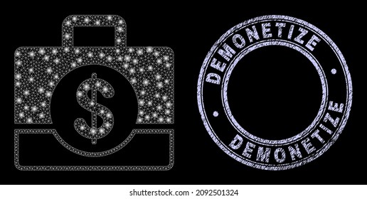 Glitter mesh web business case icon with glare effect on a black background with round Demonetize textured stamp seal. Vector frame created from business case pictogram, white mesh is used.