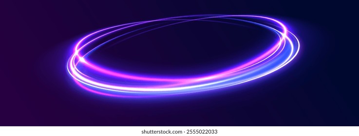 Glitter neon circle ring frame, sparkle flash light shimmer vector on black background, shiny glowing round line planet curve. Png, effect, wave,neon,line, futuristic web poster card print template.