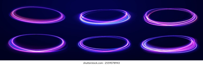 Glitter neon circle ring frame, sparkle flash light shimmer vector on black background, shiny glowing round line planet curve. Png, effect, wave,neon,line, futuristic web poster card print template.