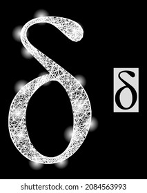Glitter net mesh Delta small letter icon with lightspots and white mesh on a black background. Light vector model based on Delta small letter pictogram,