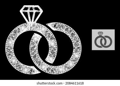 Anillos de boda de diamantes de malla de malla de red brillante con manchas brillantes en un fondo negro. Malla vectorial brillante basada en la imagen de los anillos de bodas de diamante, con malla irregular y puntos de luz.