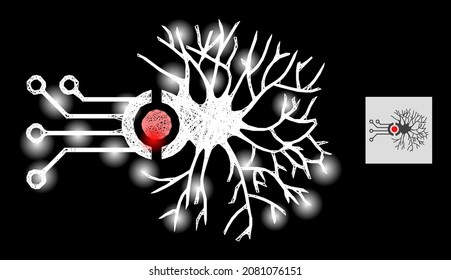 Glitter net mesh digital neural connection with glowing spots on a black background. Illuminated vector constellation is based on digital neural connection pictogram,