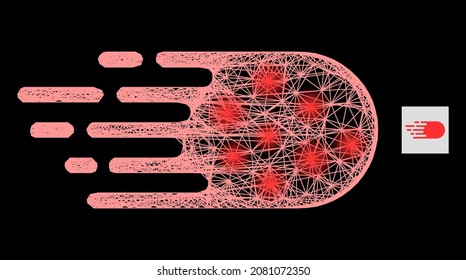 Glitter net mesh electron flight with light spots on a black background. Light vector structure is based on electron flight icon, with hatched net and light spots.