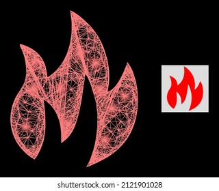 Glitter net mesh fire with glowing spots on a black background. Illuminated vector structure based on fire picture, with hatched mesh and light spots.